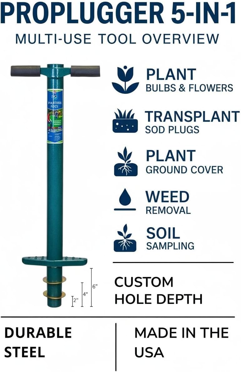 5-IN-1 Lawn Tool and Garden Tool, Bulb Planter, Weeder, Sod Plugger, Annual Planter, Soil Test