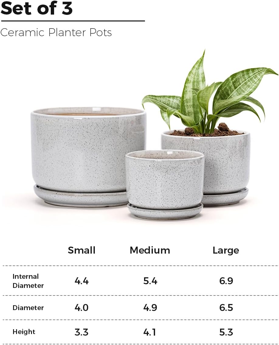 Ceramic Planters,Plant Pots with Saucers Set of 3(Reactive Glaze White) | Colorful Ceramic Planters for Indoor Plants