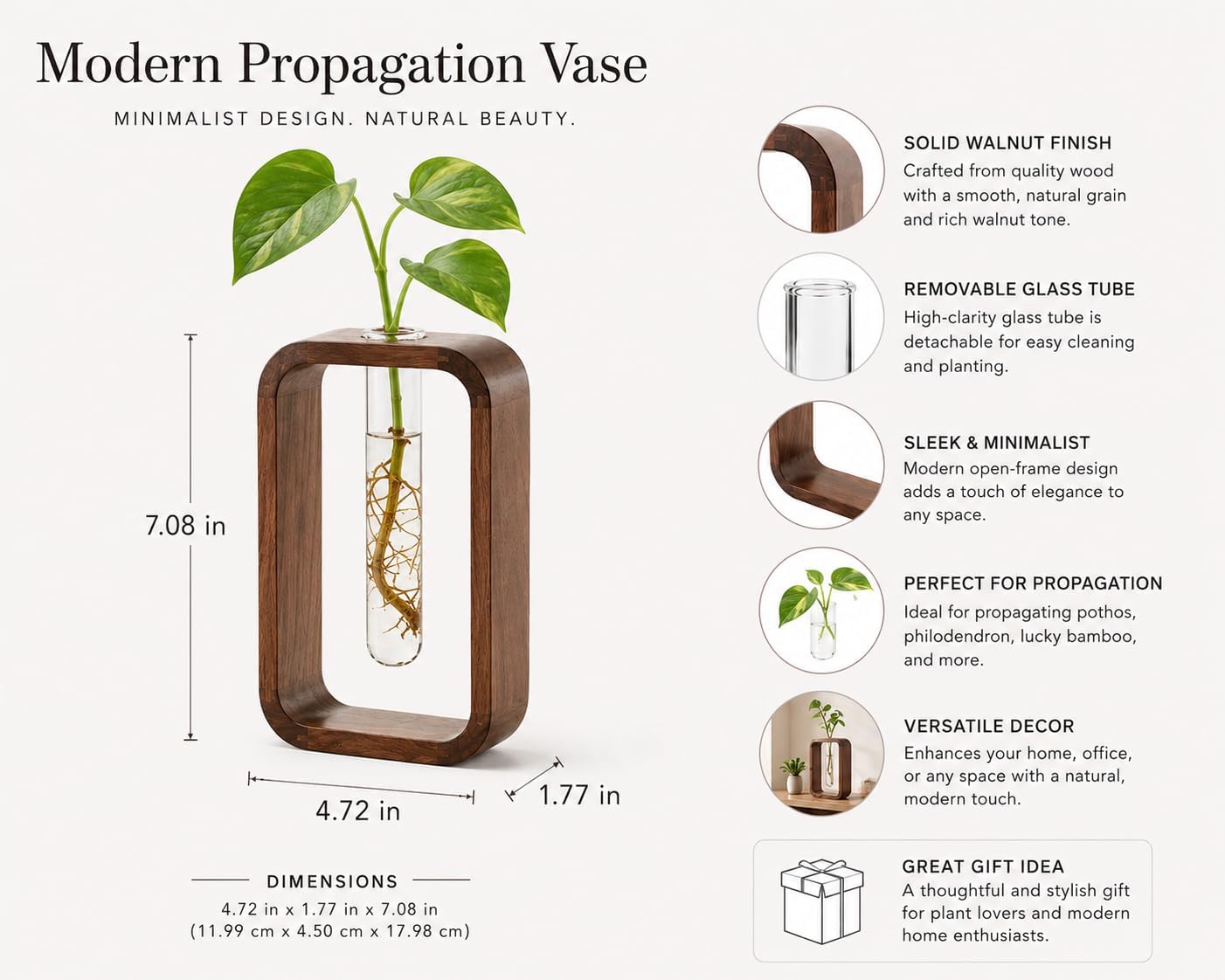 Modern Wooden Frame Glass Vase Hydroponic Planter – Minimalist Square Propagation Station with Test Tube Vase – Indoor