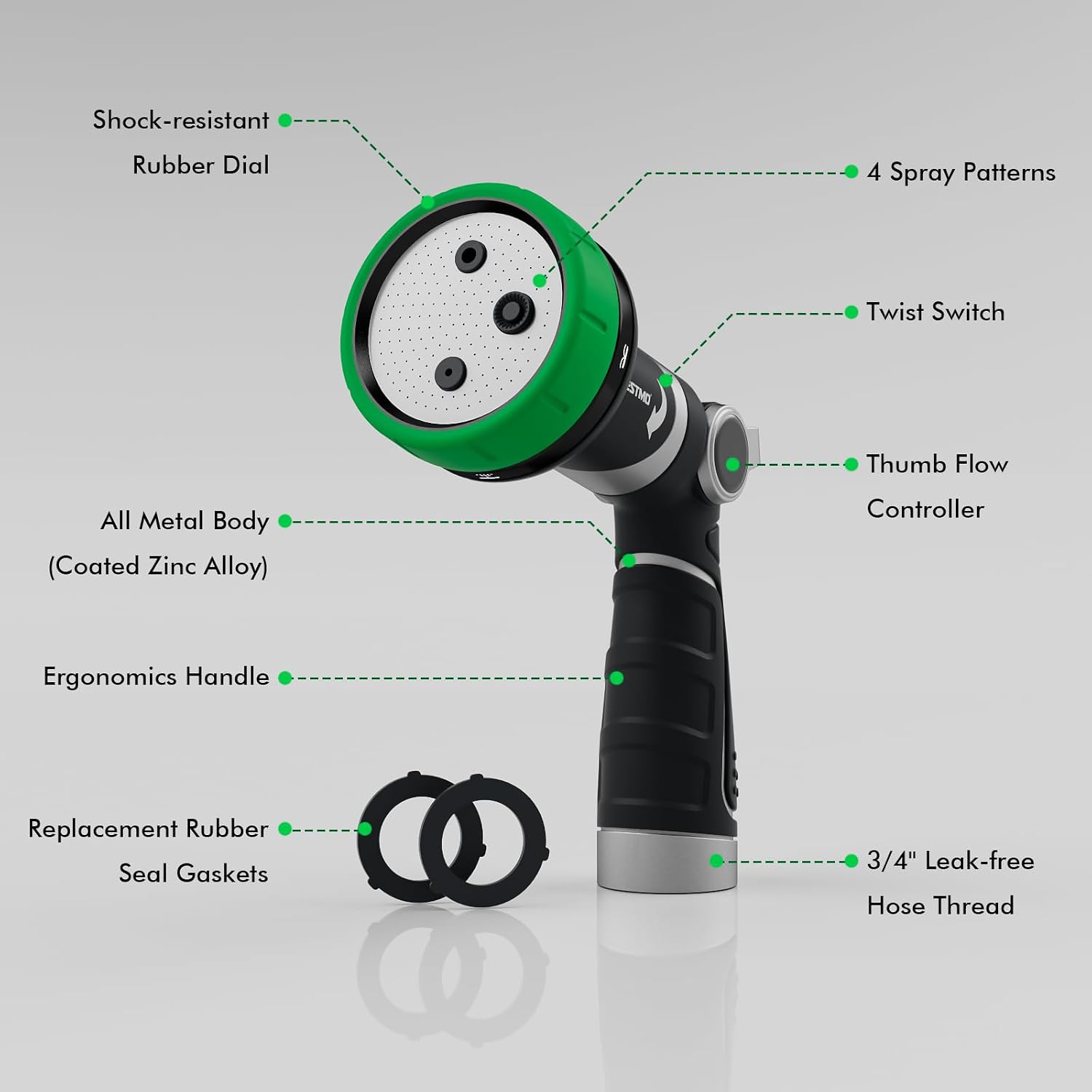 RESTMO Heavy Duty Garden Hose Nozzle, Multi-Angle Hose Spray Nozzle | 4 Adjustable Spray Patterns, Garden Hose Sprayer
