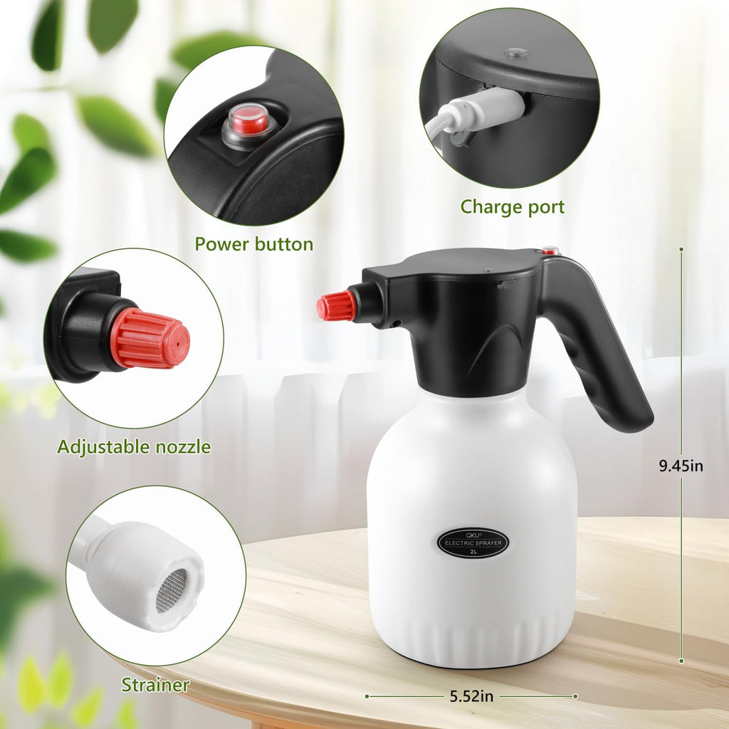 Electric Plant Spray Bottle 0.5 Gallon / 2L White | Adjustable Nozzle, Rechargeable Battery Powered, Garden or Indoor