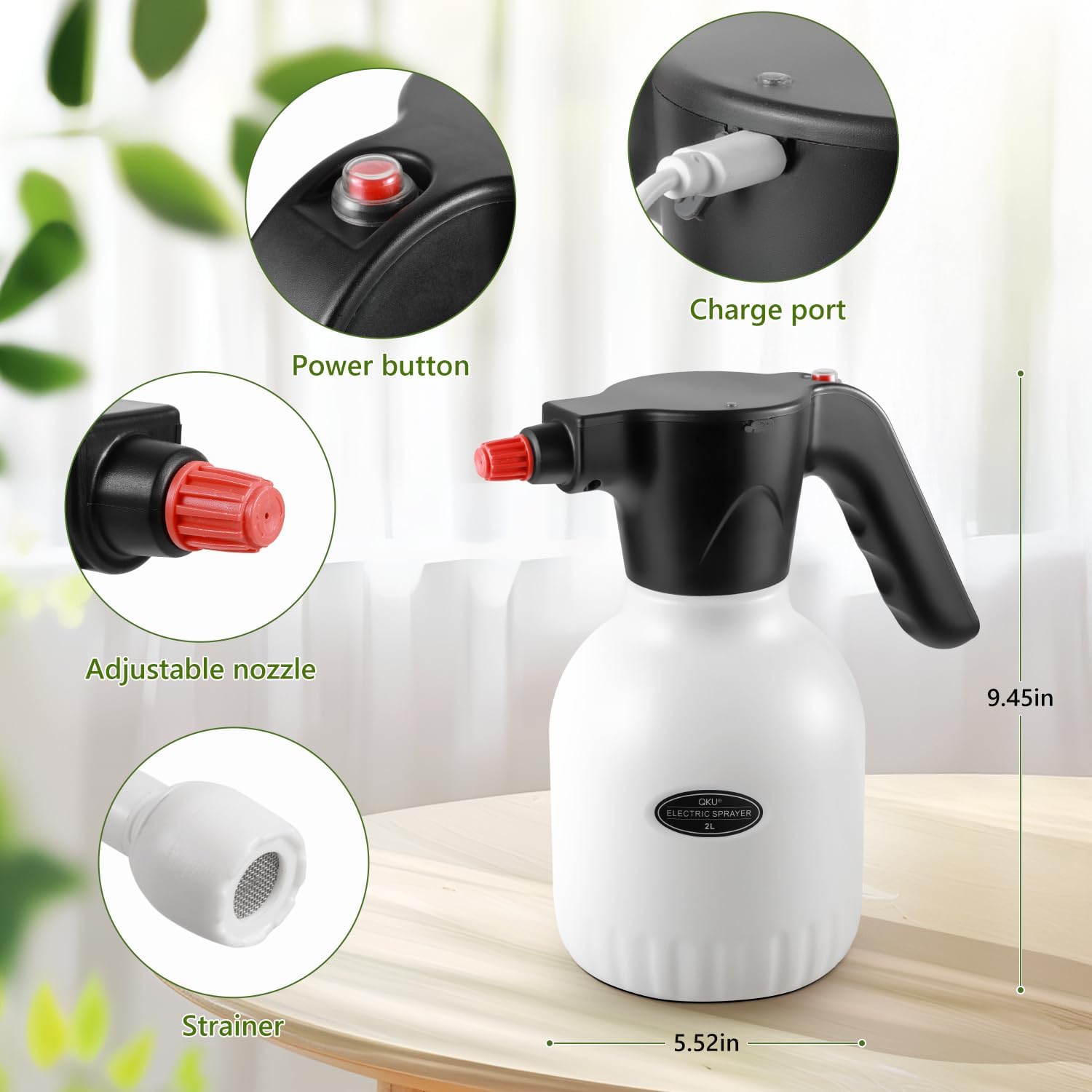Electric Plant Spray Bottle 0.5 Gallon / 2L White | Adjustable Nozzle, Rechargeable Battery Powered, Garden or Indoor
