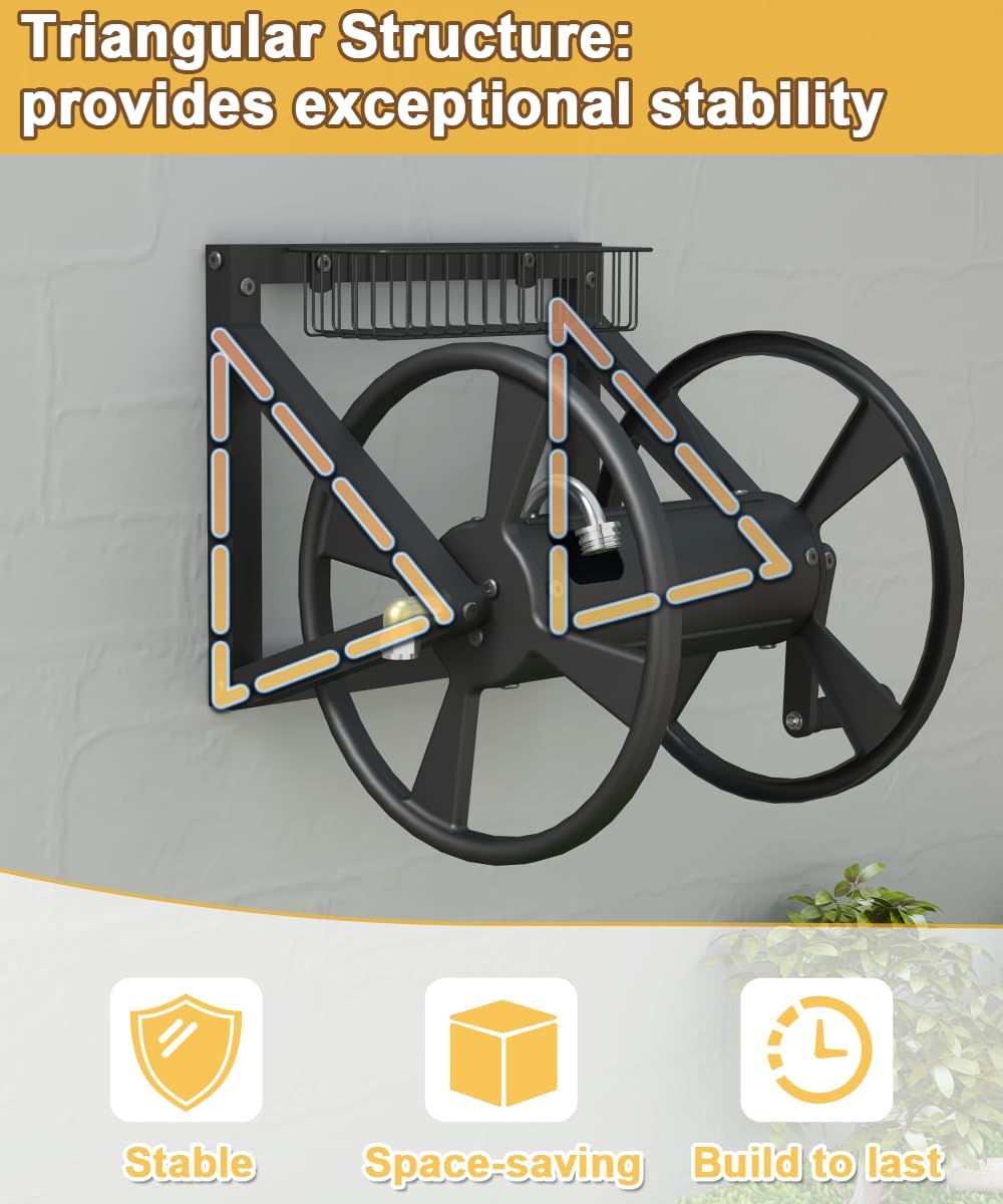 Triangle Wall Mounted Garden Hose Reel, Outdoor Heavy-Duty Water Hoses Holder Winder, Holds 125 Ft of 5/8-Inch Hose