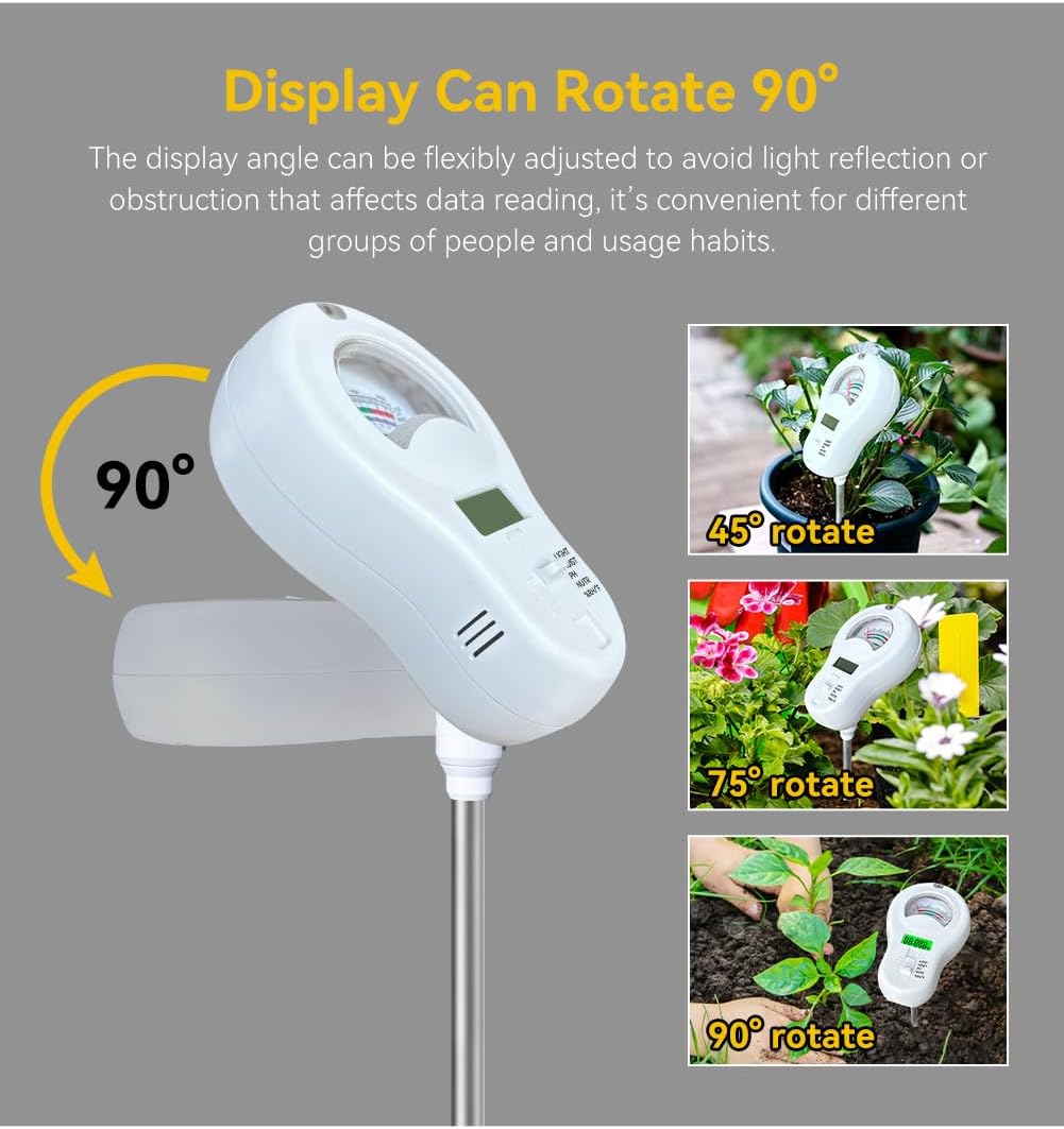 6-in-1 Soil Moisture Meter, PH Tester, Soil Moisture, Fertility, Sunshine Intensity, Temperature, Humidity, with
