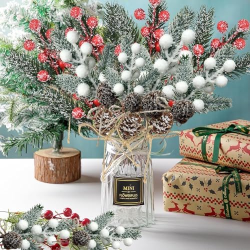 Artificial Pine Cones Picks with Red White Berries and Holly Leaves - Frosted Snow Christmas Greenery Stems for DIY Holiday Wreaths, Centerpieces, Winter Crafts and Home Decor (10)