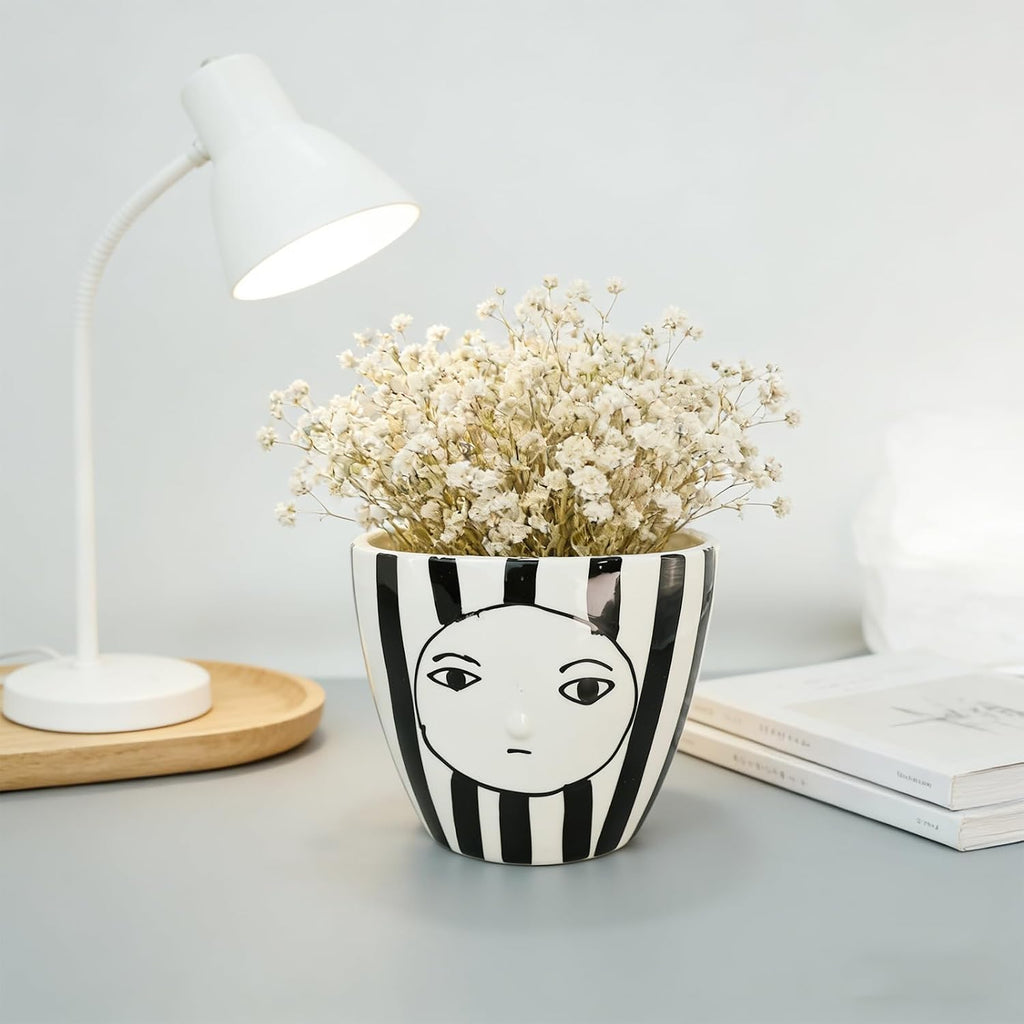 Modern Abstract Face Ceramic Planter with Black & White Stripes ，5.9in Indoor Planter with Drainage Outlet and Tray