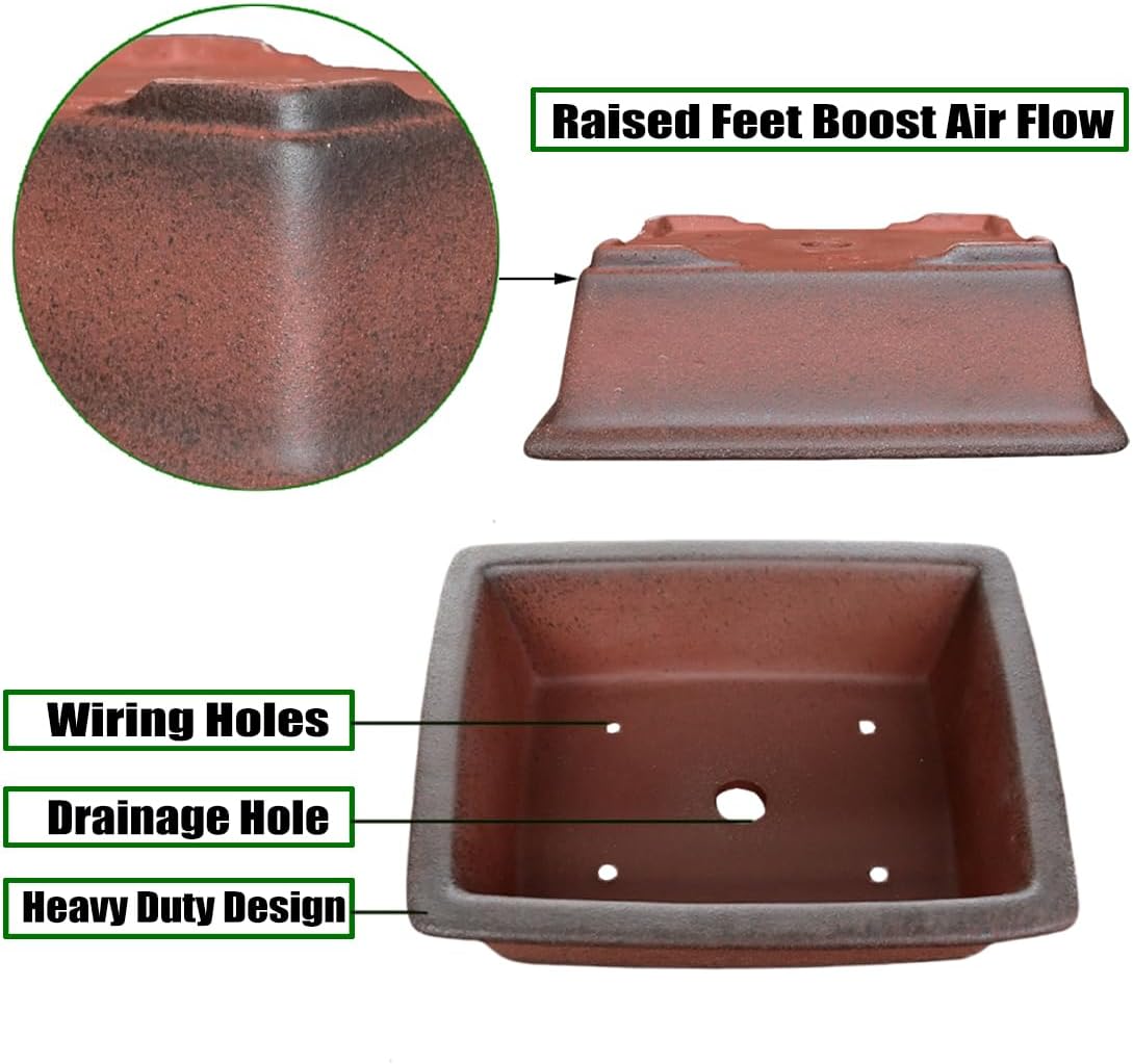 MUZHI Decorative Ceramic Bonsai Planter Pot 8.5 Inch with Tray, Breathable Unglazed Rectangle Terracotta Clay Pot for