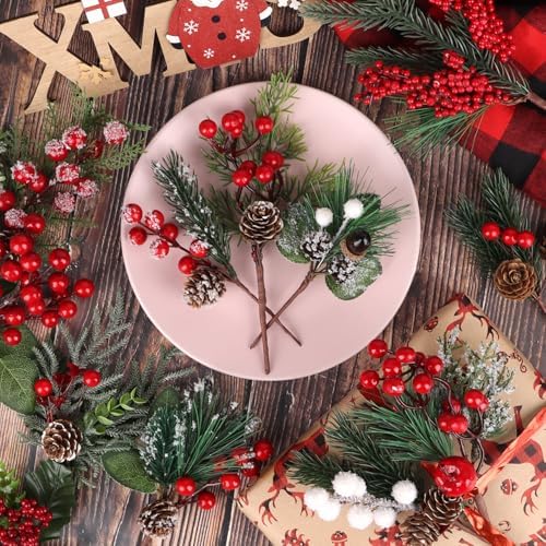 LOMIMOS 20pcs Artificial Christmas Red Berry Picks Pine Cones,Fake Holly Stems with Pinecones Needless Branches for Xmas Tree Decoration Crafts Wreath Garland Décor