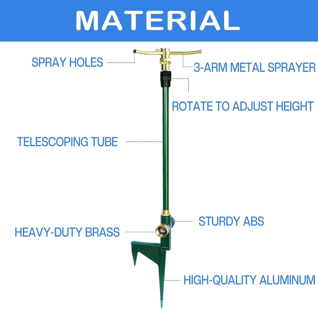 LIULO TOOL 2 Pack 3-Arm Garden Sprinkler, High-Rise Lawn Sprinkler with Adjustable Telescoping Rod and Spike Base, 360