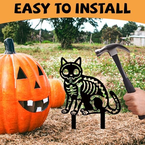 GLOBLELAND 2 Pcs Halloween Skull Cat Garden Stakes Black Cat Silhouette Metal Decorative Garden Stakes Metal Yard Signs Halloween Decorations for Holiday Lawn Patio Yard Decor
