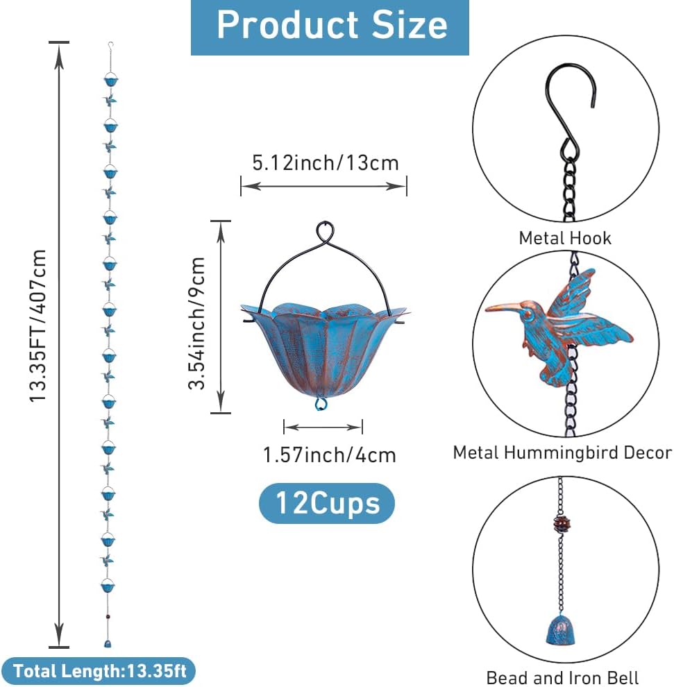 13.4FT Hummingbird Rain Chains for Outside, Gutters,Eaves, Drainage | Metal Rain Chain, 12 Lotus Cups, Decorative Rain