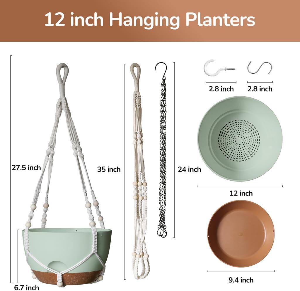 12 Inch Hanging Baskets for Plants Outdoor, Hanging Planters for Indoor Outdoor Plants, Hanging Planter with Self