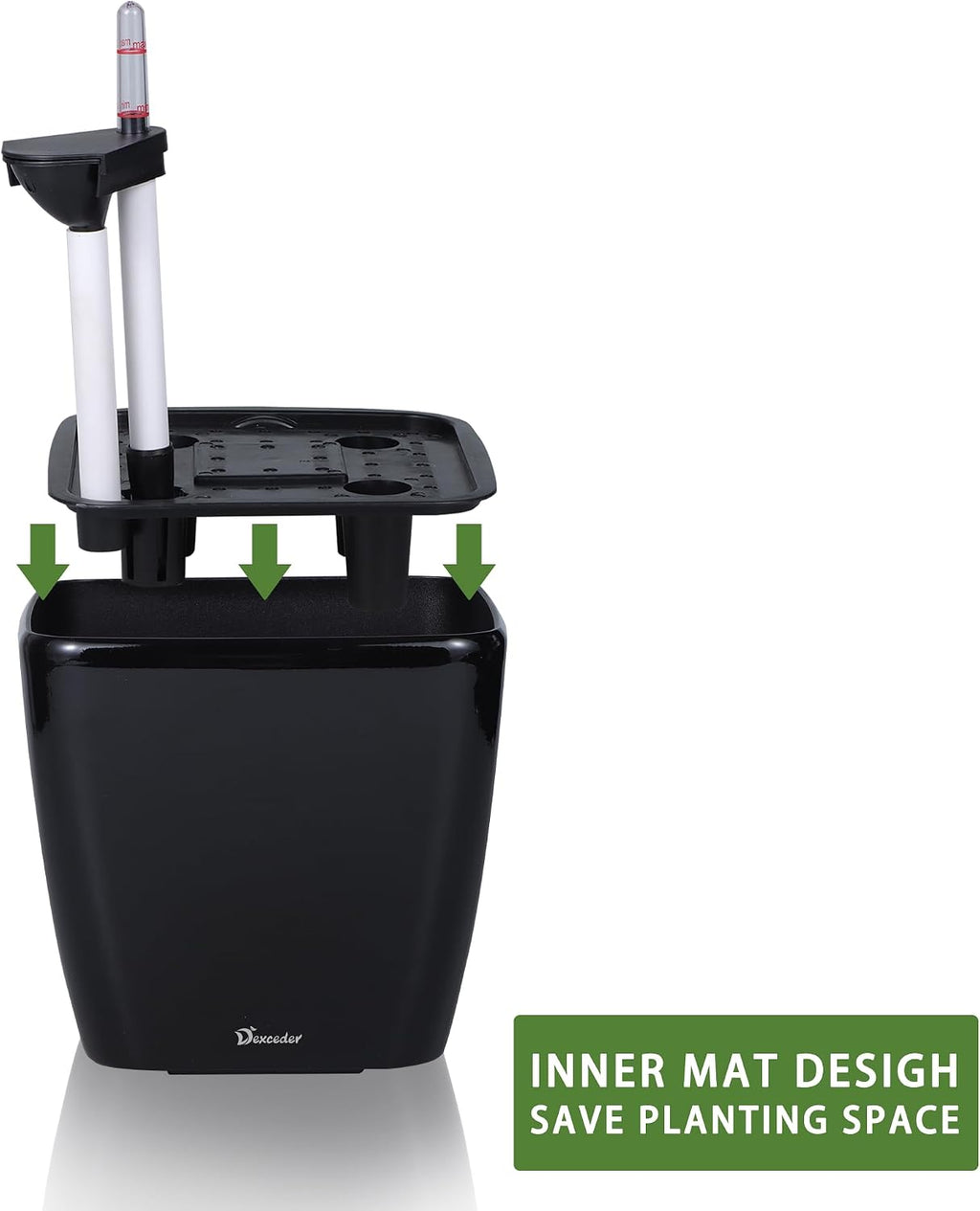 Dexceder 9x8 Self Watering Planter (Black High Gloss) | Inner Mat Design, Thickened Table Flower Plant Pot with Water
