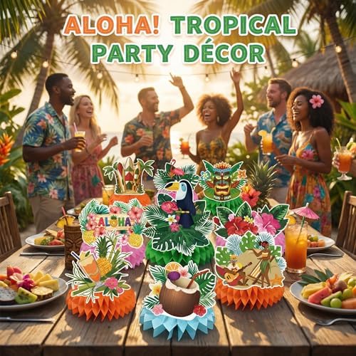Luau Party Decorations - 9 PCS Hawaiian Honeycomb Table Centerpiece for Tiki and Love Island Hawaiian Theme Party Favors Supplies | Tropical Party Decorations for Summer Beach Pool Birthday Wedding
