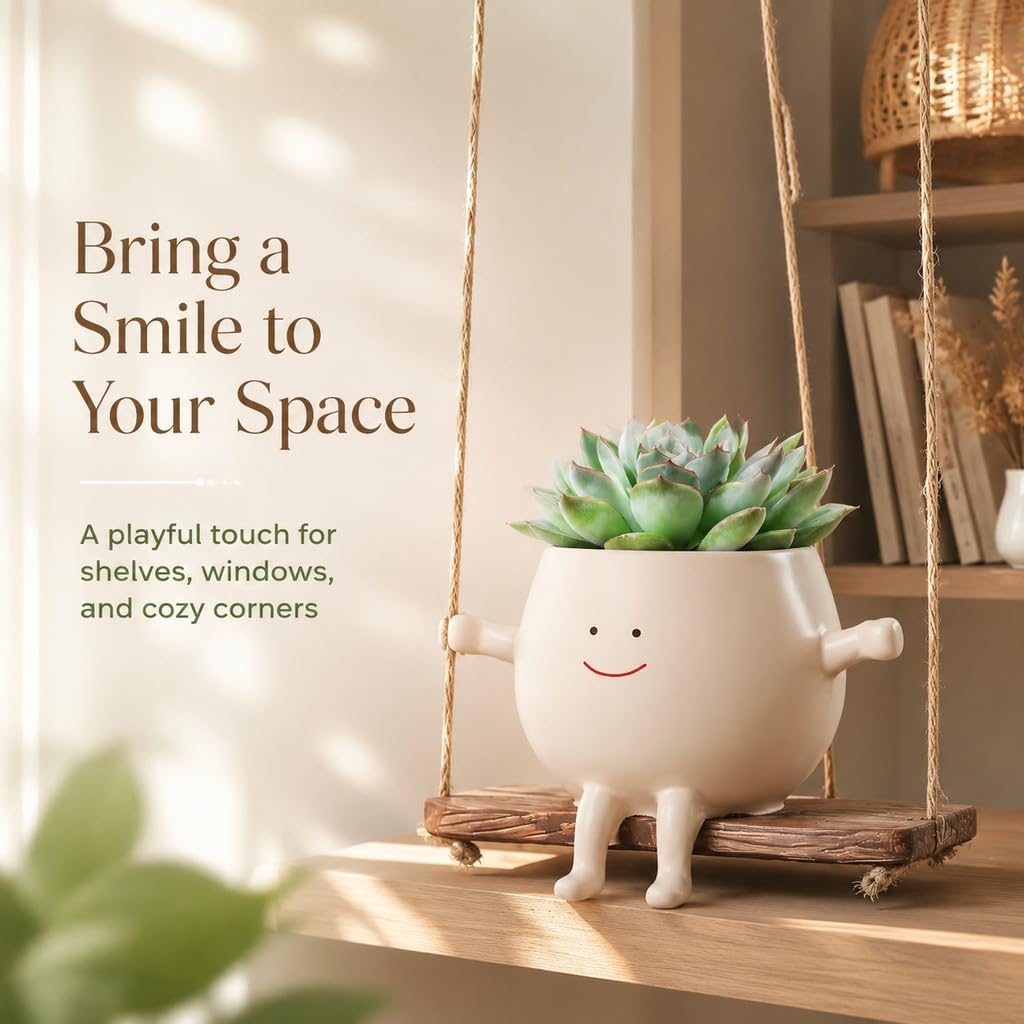 2 PCS Swinging Face Plant Pots 【Thicken Version】 Unique Cute Hanging Succulent Cactus Flower Head Resin Planters Pots