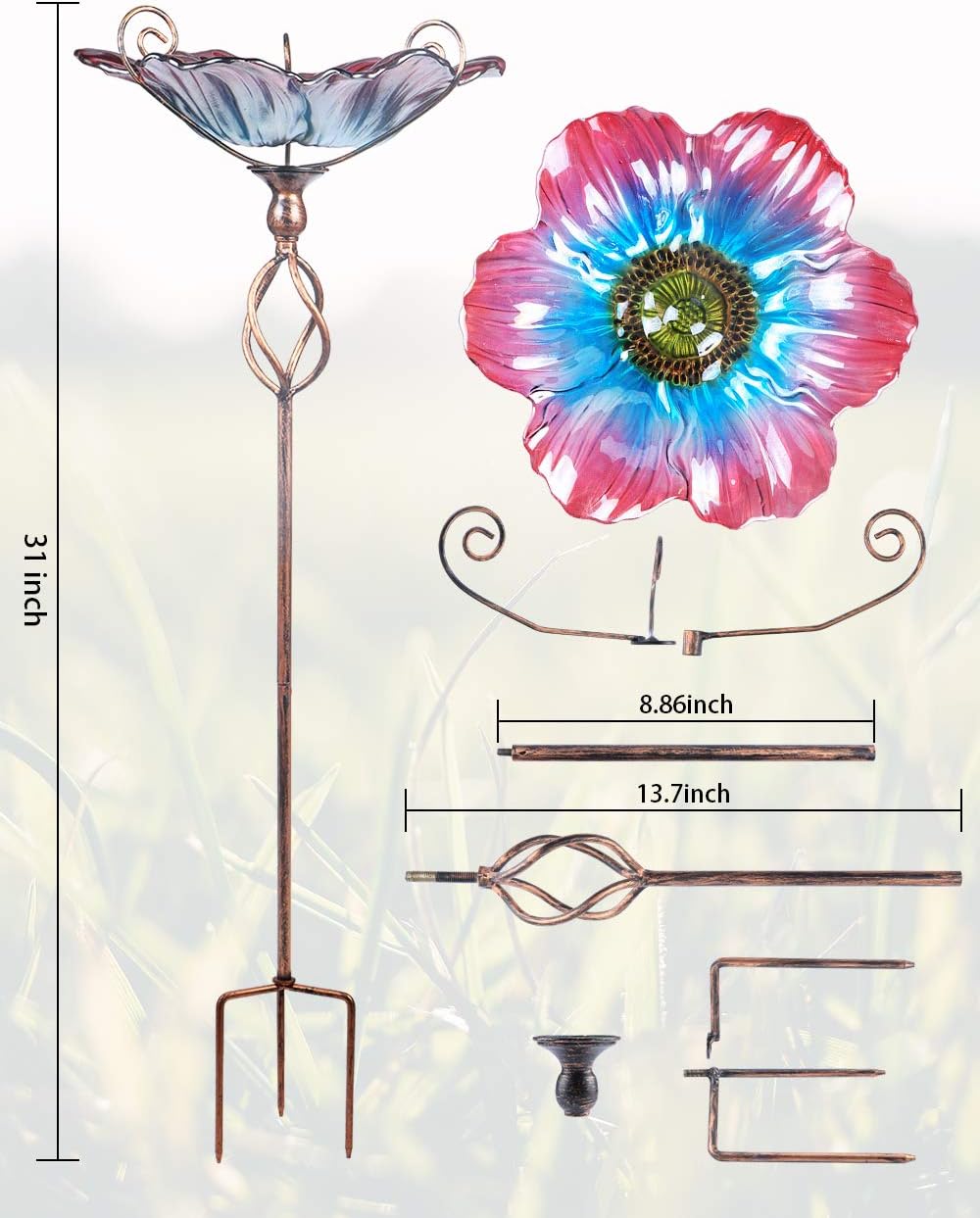 Glass Birdbath Birdfeeder with Metal Stake Garden Yard Outdoor | 31inch height stain glass bird bath for outside