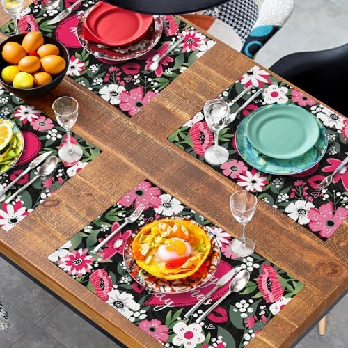 Happy Valentine's Day Placemats Set of 4 Valentine Flowers Love Heart Place Mats Pink Red White Floral Linen Table Mats Seasonal Black Placemat for Anniversary Wedding Party Kitchen Dining Decor
