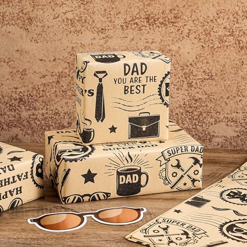LeZakaa 10 Sheets Fathers Day Flower Wrapping Paper, Happy Father's Day Dad Theme Gift Wrap, Brown Kraft Floral Bouquet Paper for Men Husband Grandpa DIY Gift Packaging, 19.7 x 27.6In Each