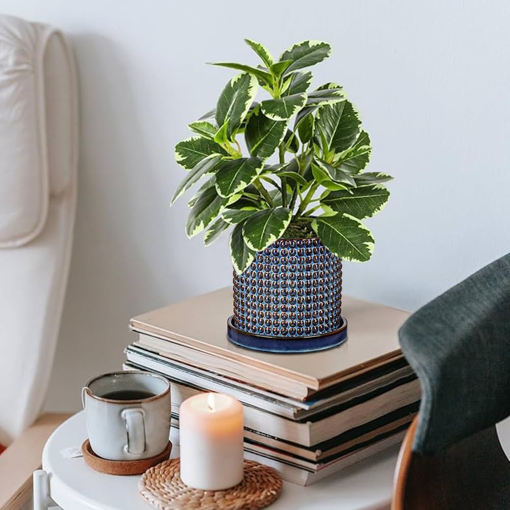 Set of 2 Ceramic Planter Pots with Drainage Hole and Saucer, Round Flower Pot Hobnail Modern Planter Pots for Indoor &