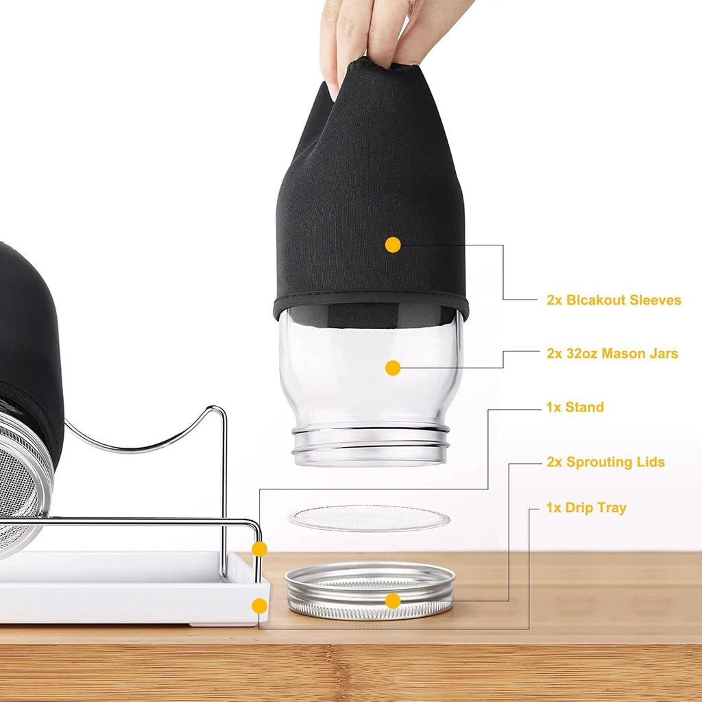Kitmiido Organic Seed Sprouting Jar Kit – 2 × 32 oz Wide-Mouth Mason Jars | Stainless-Steel Sprouter Lids & Stand