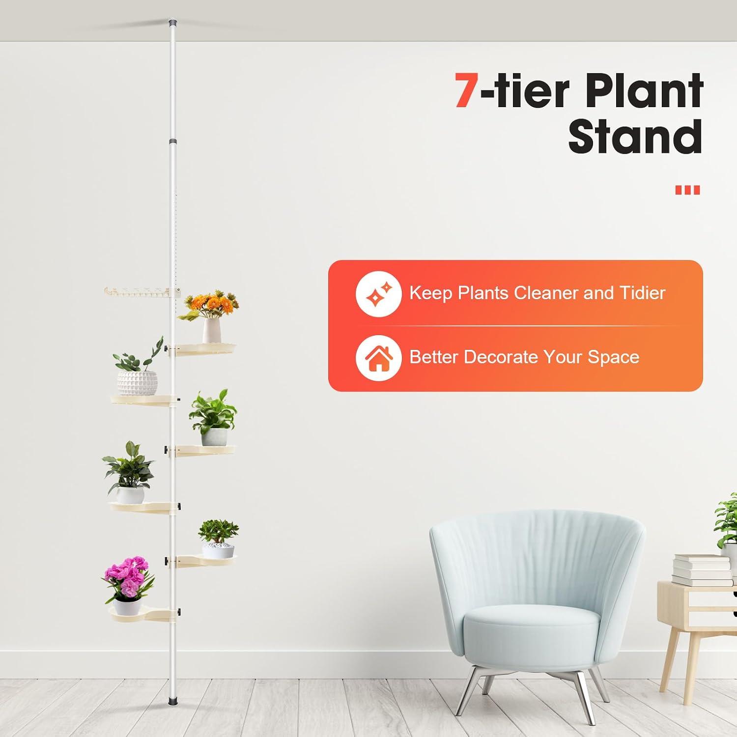 Plant Holder Pole, Tension Rod Rack Stands, Plant Decorative Display Rack, Floor to Ceiling, 7-Layer Flower Display