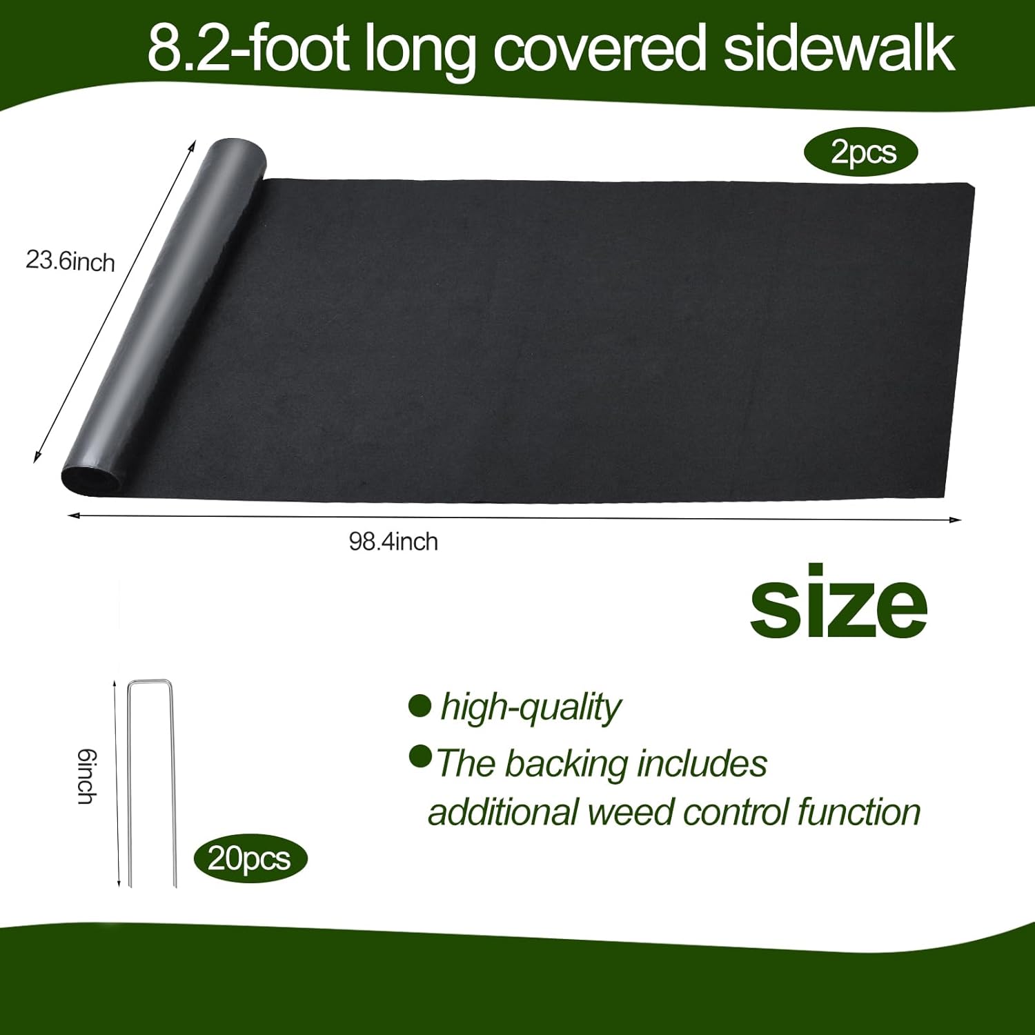 2Pcs Recycled Felt Mulch Mat Roll for Landscaping 8.2'x2' Garden Pathway | Reusable Fabric Walkway Mat Black Permanent