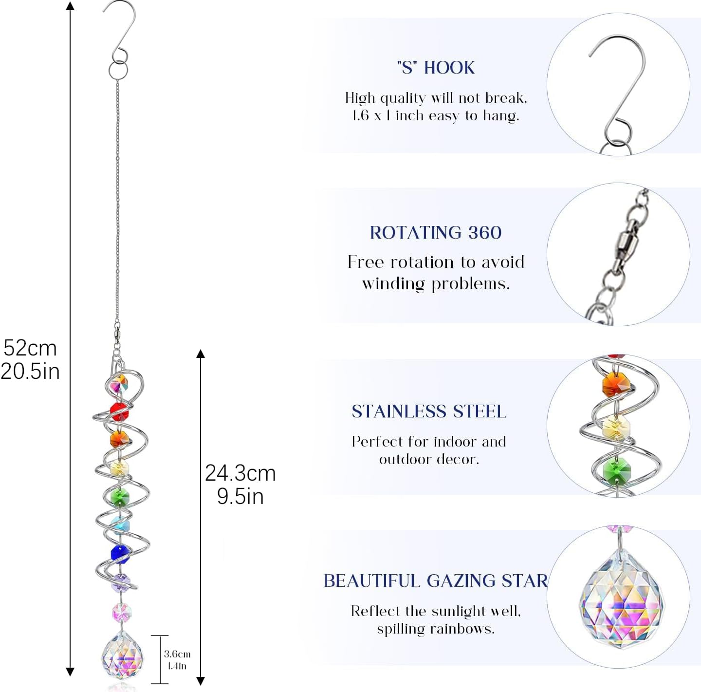 5 Pack Crystal Suncatcher Gazing Ball Spiral Wind Spinner Garden Decor | Crystal Sun Catcher Wind Spinner with Spiral