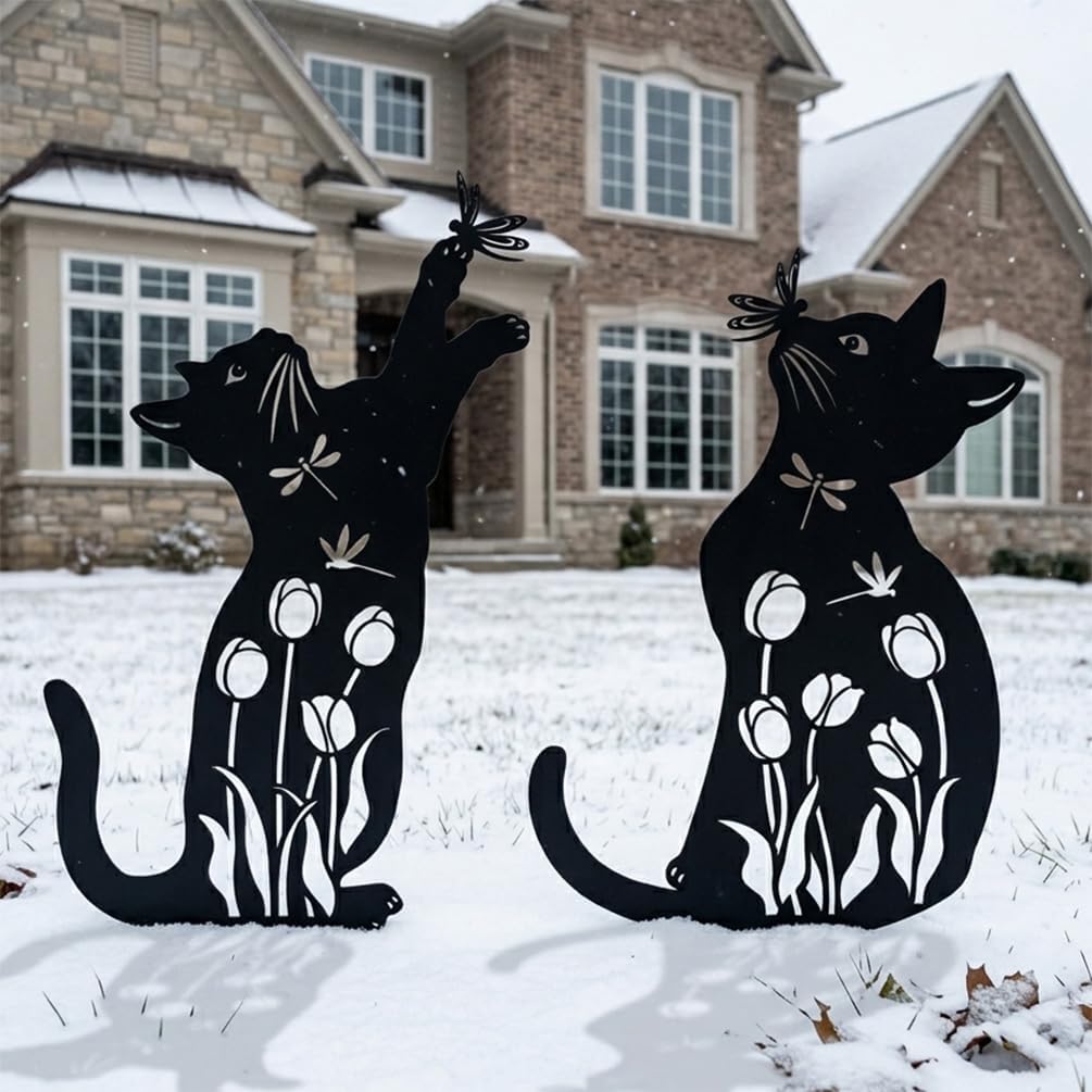 Metal Cat Garden Decor Black Cat Silhouette Yard Art Garden Stakes | Rust-proof Metal Black Cat Yard Decor Garden Art