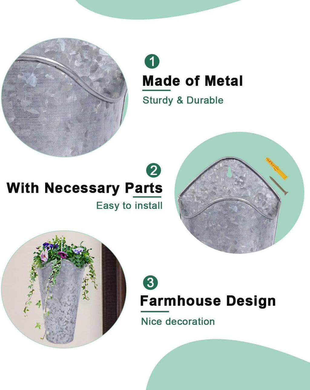 2 Pack 12 Inch Galvanized Wall Planters for Flowers, Silver | Tall Metal Tin Vases for Indoor or Outdoor Flowers
