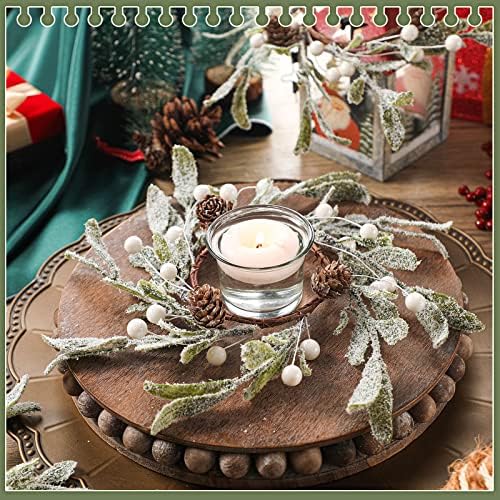 Geosar 6 Pack Christmas Candle Rings Frosted Mistletoe Pearl Wreaths