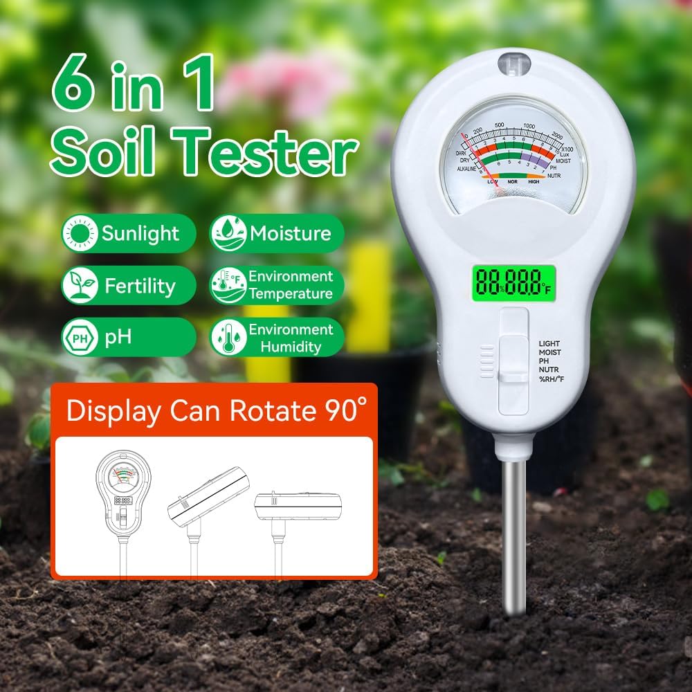 Soil Tester 6-in-1 Soil Moisture Meter Sunlight/Moisture/Fertility/PH/Environment Temperature/Environment