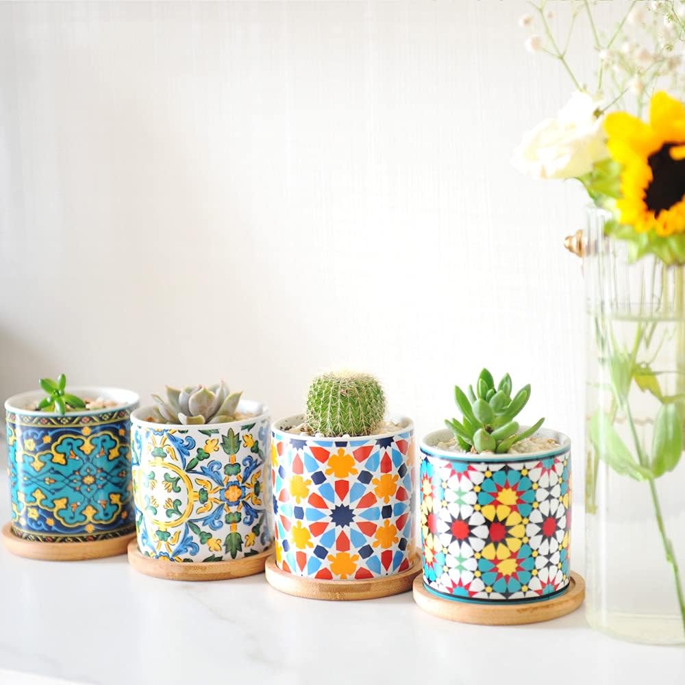 6 Pack Mandala Succulent Plant Pot with Bamboo Trays, Ceramic Multicolored Succulent Container Planter Pot for Small