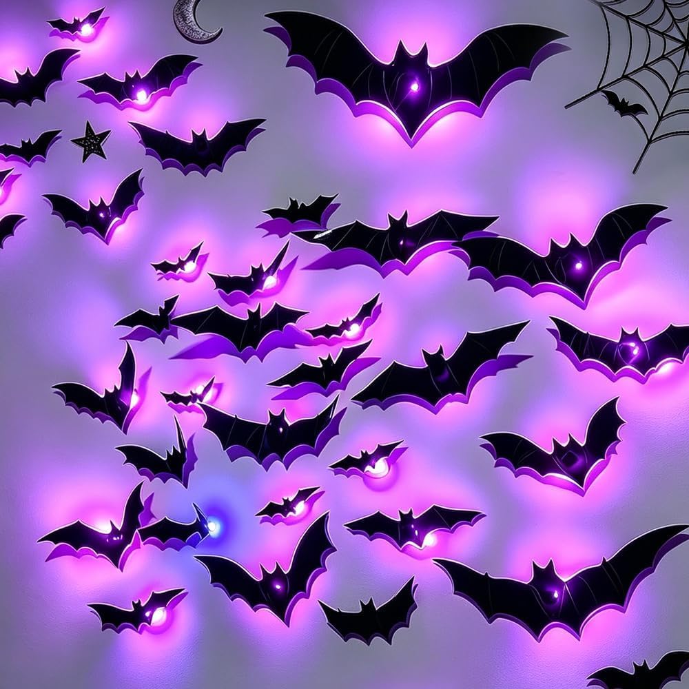 Halloween 3D Lighted Bats, LED Purple Glowing Wall Stickers, Indoor Outdoor