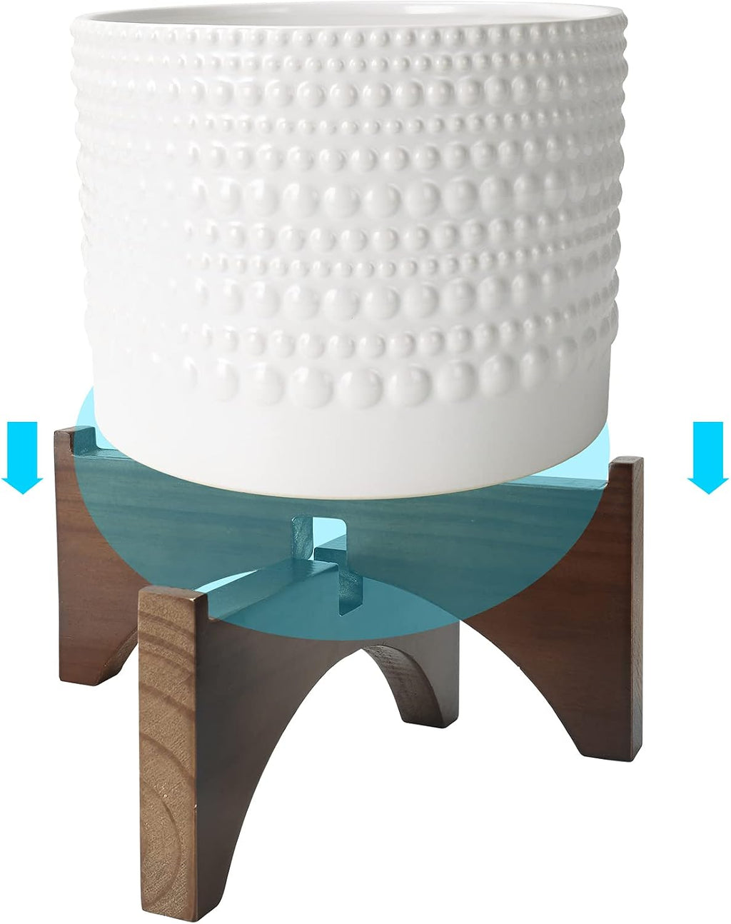 LA Jolie Muse Ceramic Pot for Plants, 8 Inch Indoor Planter with Stand | Hobnail Patterned Flower Pot with Wood Stand