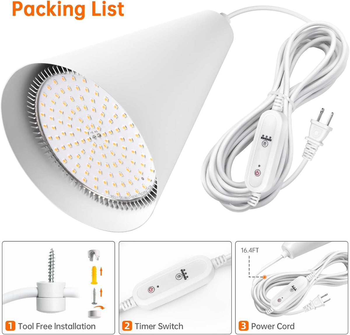 Hanging Grow Light for Indoor Plants, 5000K | 25W Full Spectrum Plant Light, 4H/9H/14H Timer& 16.4FT Power Cord for