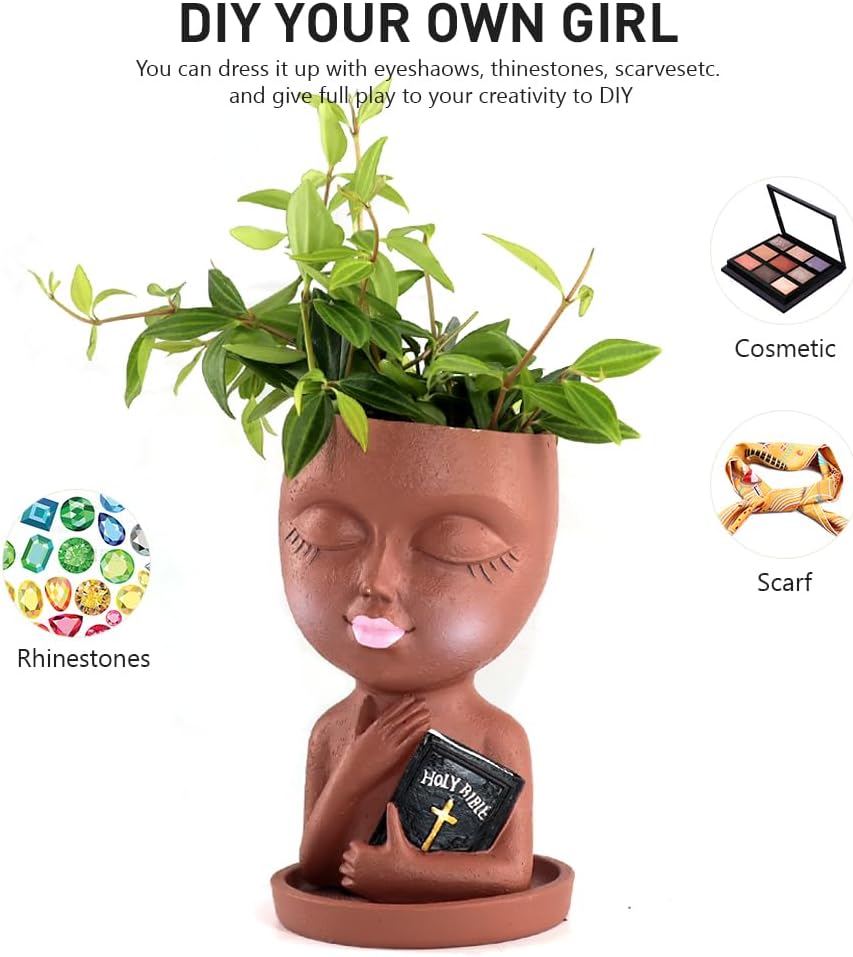 Face Planters Pots Head for Indoor Outdoor Plant Unique Head Planter Holding Book Confessional Girl Face Flower Pot