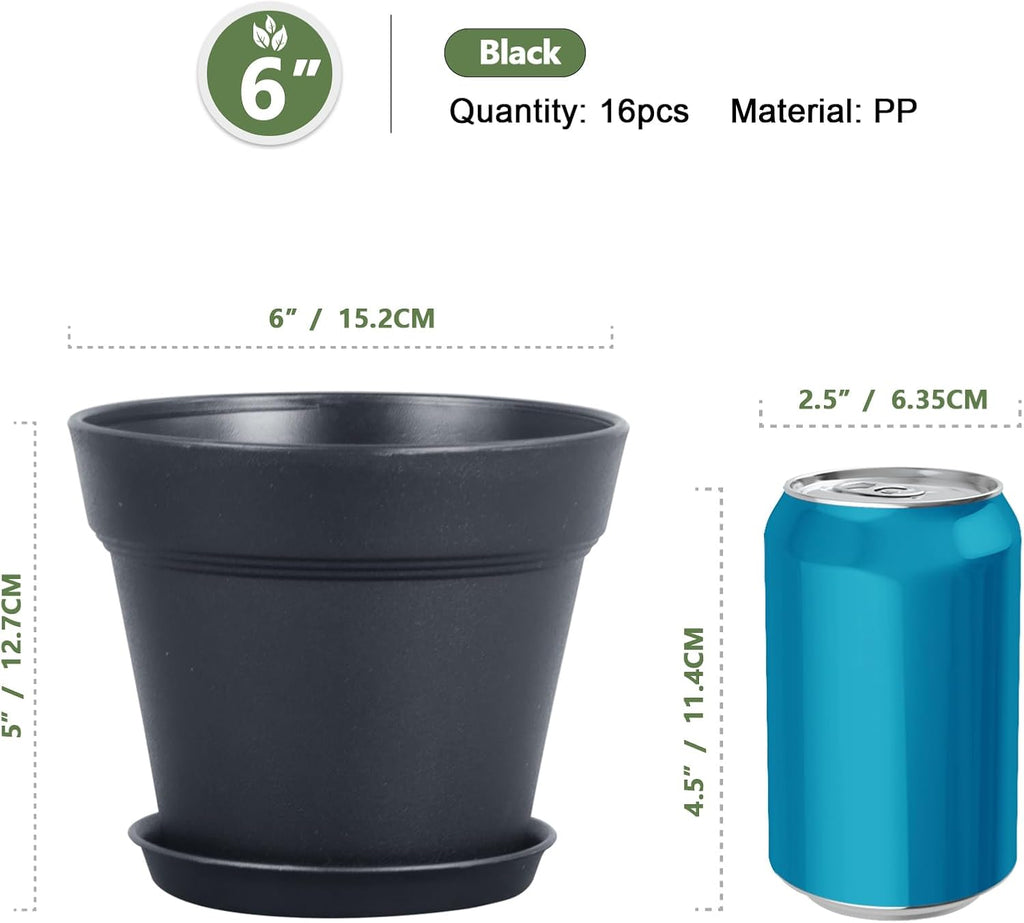 Meowell 6 inch Nursery Pots, 16 Pack Plastic Plant Pots for Indoor Outdoor Plants, Flower Pots with Drainage Holes and