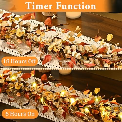 Waipfaru Fall Decor, 6FT Fall Garland with Lights Autumn Eucalyptus Leaves Lighted Garland Thanksgiving Harvest Festival Decoration for Home Mantle Porch Outdoor Indoor Wedding Window Wall Arch(2 PCS)