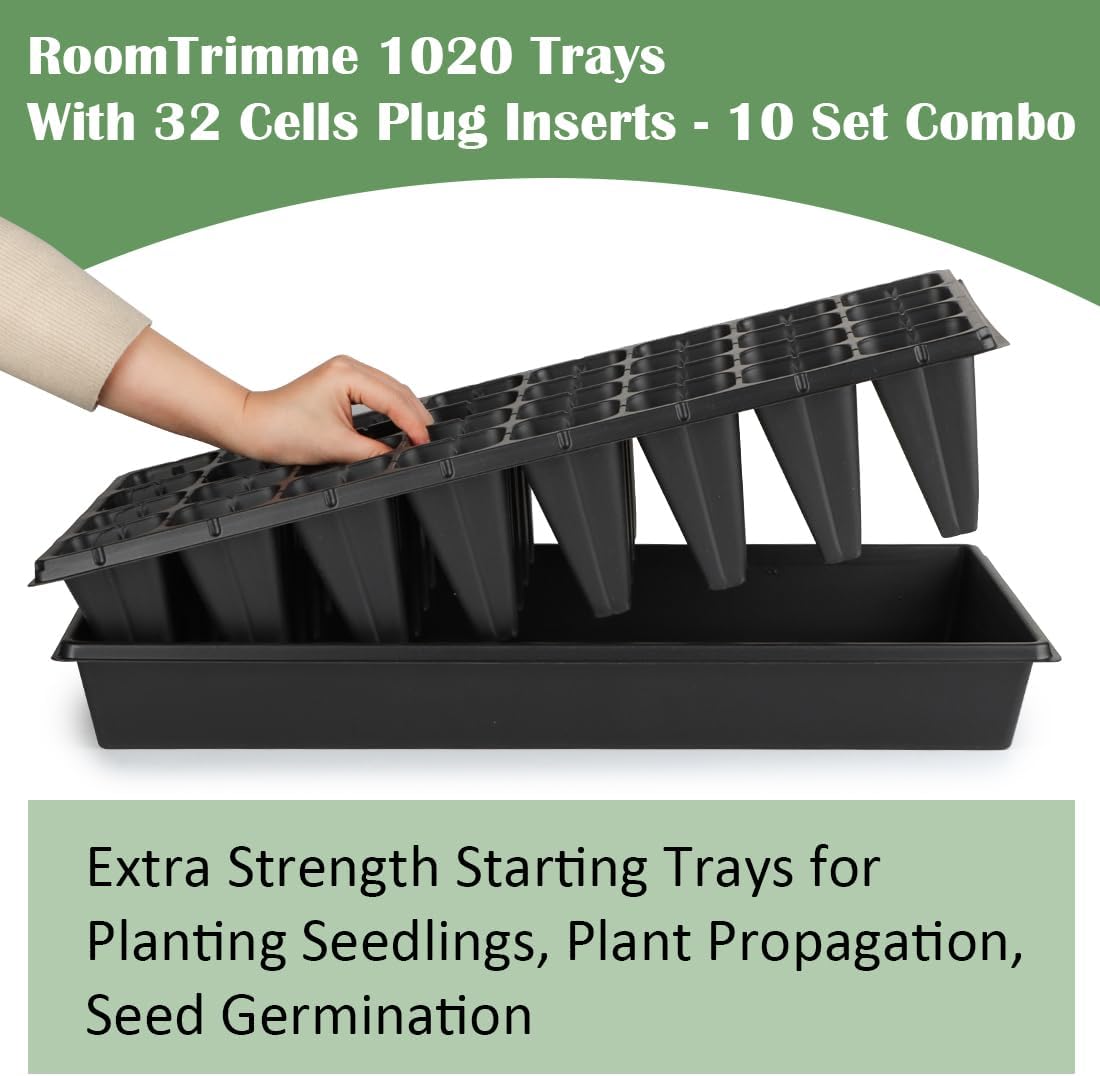 RooTrimmer 10 Pack 1020 Trays No Holes and 10 Pack 4.3" Deep 32 Cell Seed Starter Trays, 20" x 10" - Heavy Duty Plastic