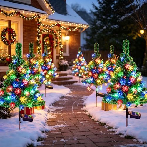 Windpnn 2-Pack 2.6FT Solar Christmas Tree Outdoor Christmas Decorations for Outsdie Garden, Patio, Yard, Pathway, Cemetery Decor (with 40 Snowflake Lights, Waterproof)