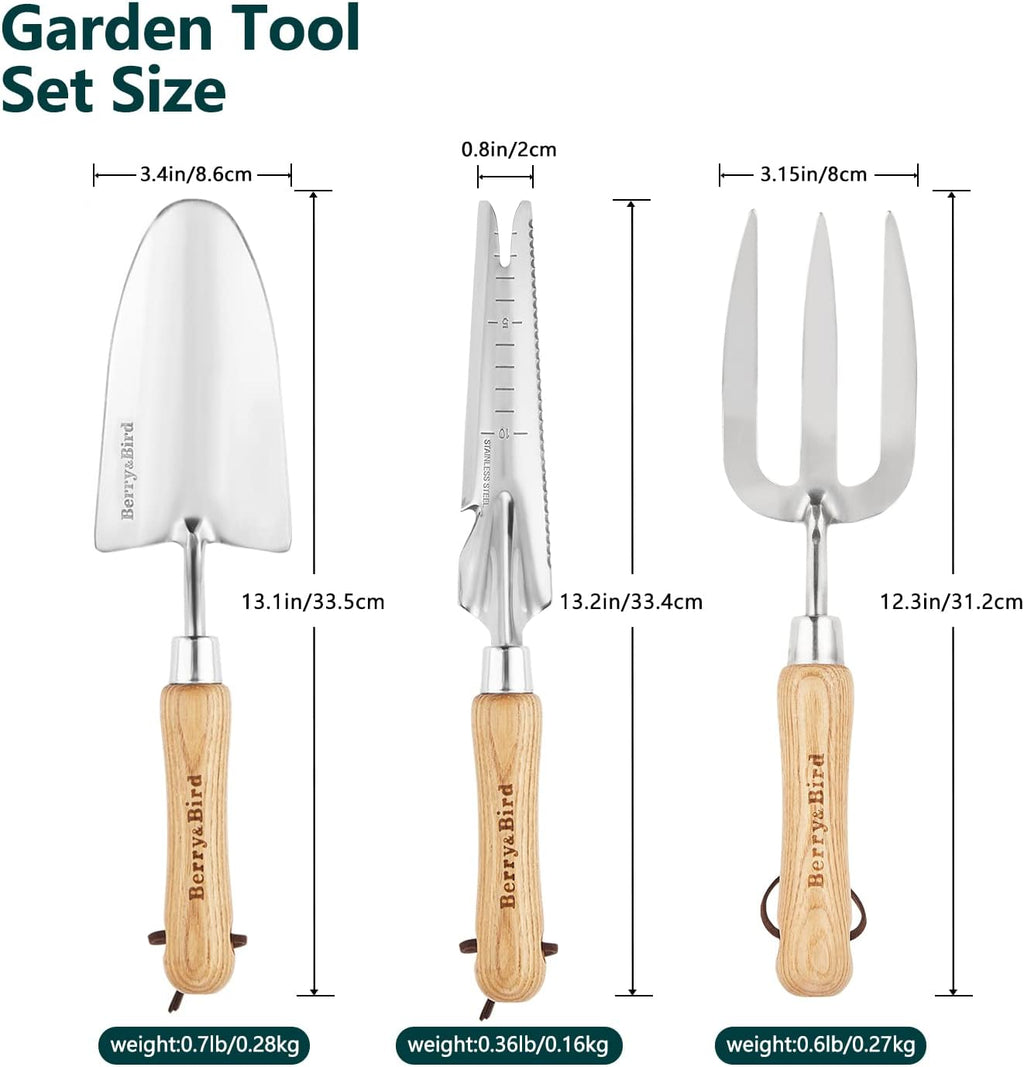 Berry&Bird Gardening Hand Tool Set - 3PCS Stainless Steel Garden Tool Kit Multifunctional Tool with Wooden Handle