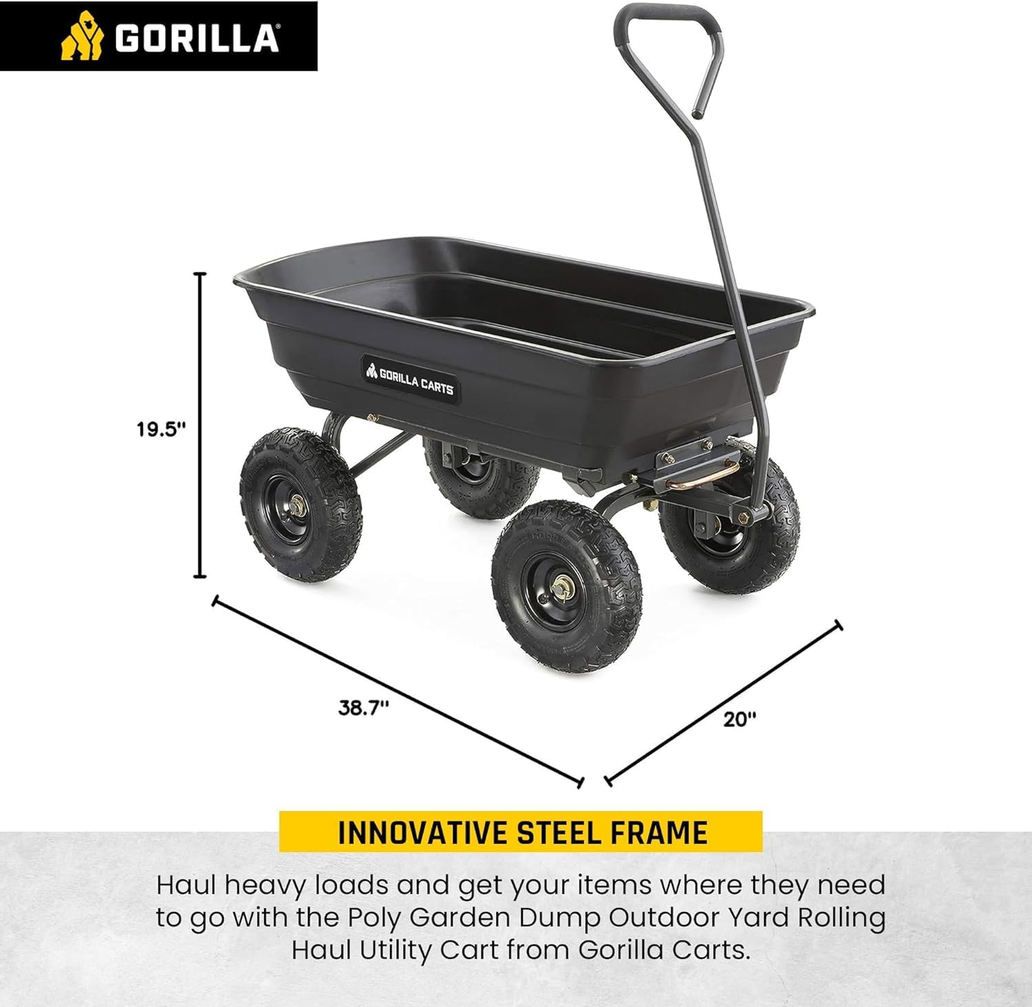 Gorilla Carts Heavy-Duty Poly Garden Dump Cart, 4 Cu Ft, 600 lb Capacity | Pneumatic Tires, Patented quick-release