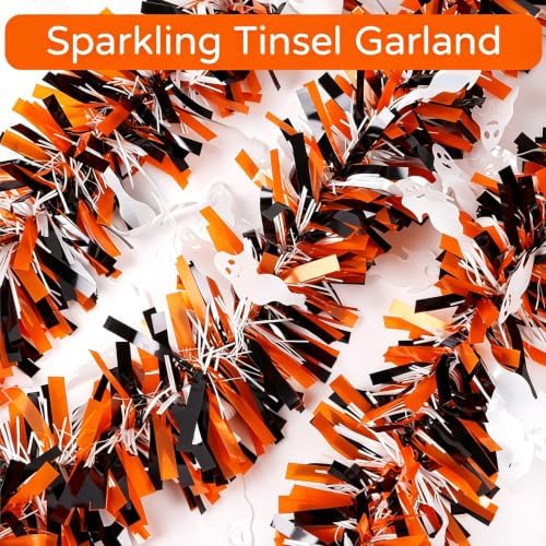 FOIMAS 33FT Halloween Tinsel Garland, Ghost Tinsel Garland Twist Hanging Garland Decorations for Halloween Party Home Mantle Stairs Fireplace Tree Indoor Outdoor