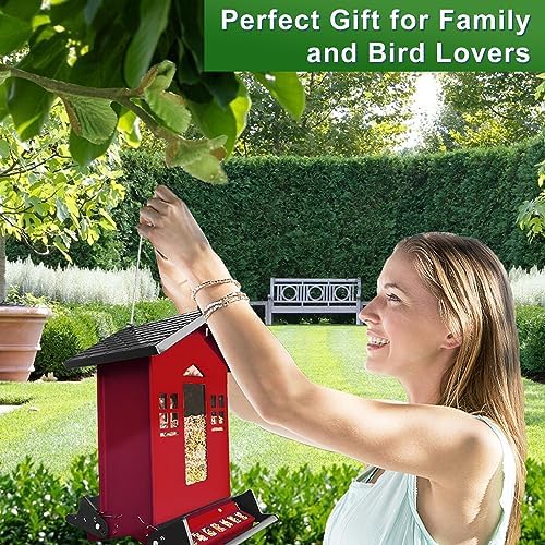Squirrel Proof Bird Feeders for Outdoors, 6LB Metal Hanging Bird Seed Feeders, Large Wild Feeders for Cardinals,Backyard (Red)