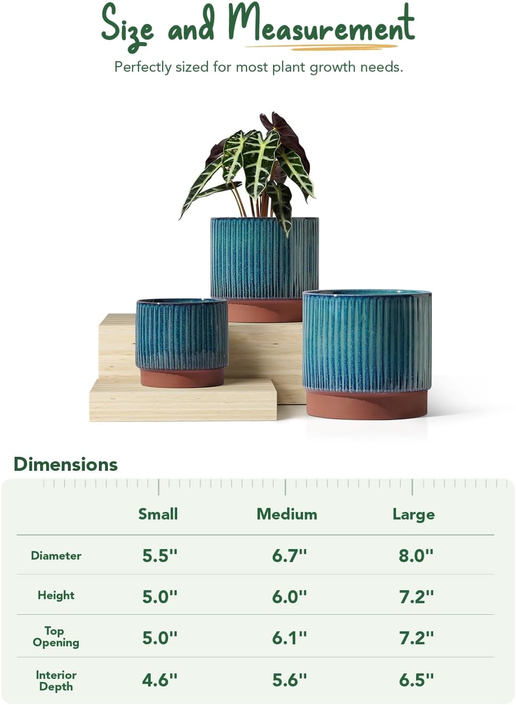 LE TAUCI Ceramic Plant Pots with Drainage Holes, Set of 3, 8+6.7+5.5 Inch Stripe Garden Planter Pots for Outdoor Indoor