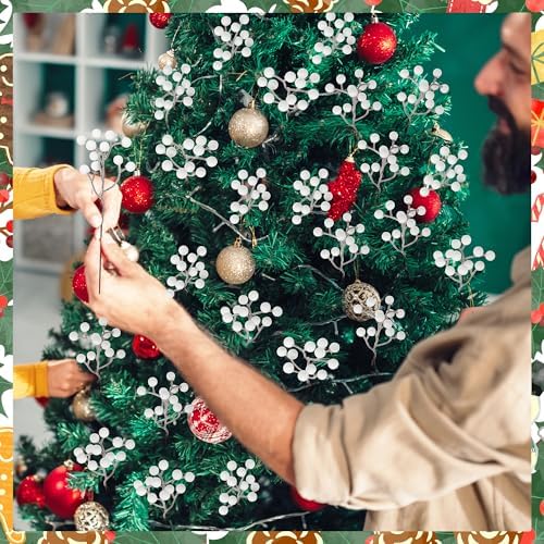 24PCS White Berry Stems 7.08in Christmas Tree Decor Faux Picks Glitter