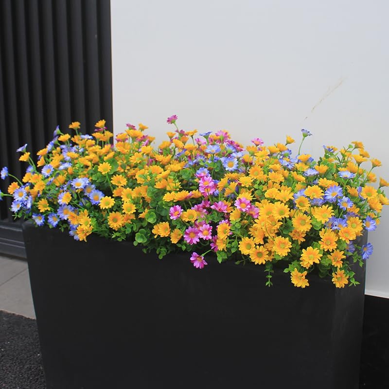 alyptus Artificial Mums for Outdoors 16 Bundles UV Resistant Plants Yellow Faux Sile Daisy Fake Plastic Eucalyptus for Fall Decor