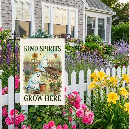 Kind Spirits Grow Here Garden Flag, Halloween Ghost Gardening Decor, 12 x 18 Inch Double Sided Cute Floral Planting Yard Flag, Halloween Gifts for Gardener Neighbor Friend Family Plant Lover