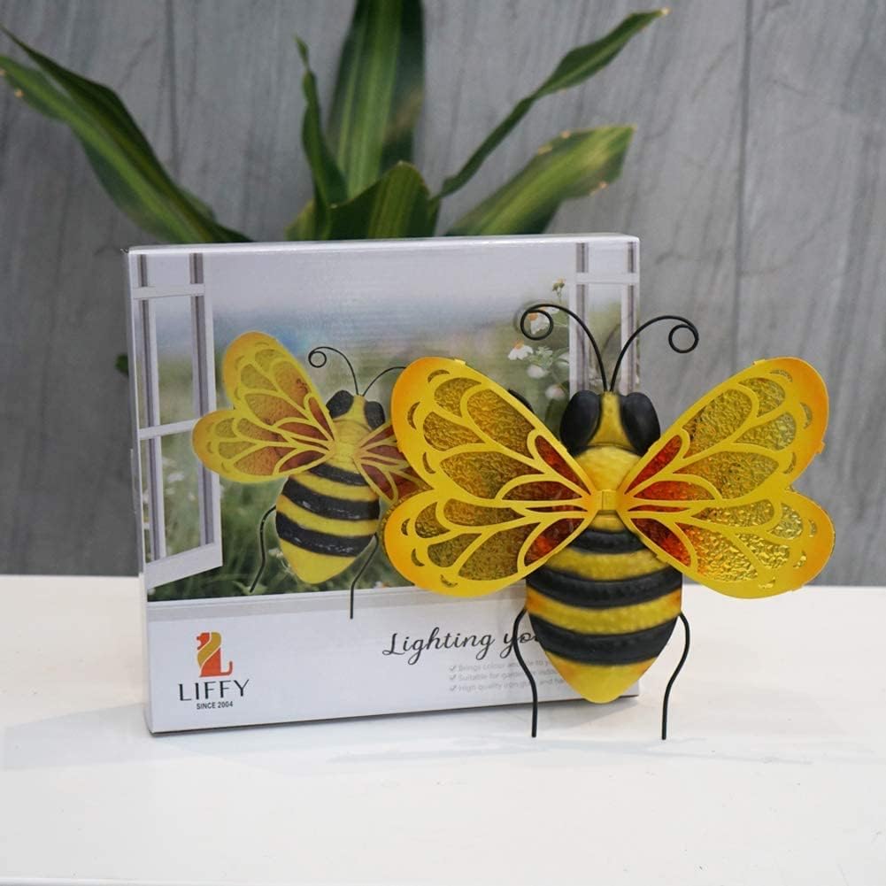 LIFFY Metal Bee Wall Decor,10" Hanging Glass Bumblebee Outdoor Decor,Decorative Garden Ornaments Outside for Home Patio