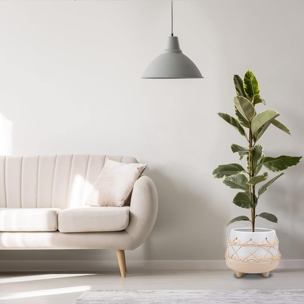 8 in Ceramic Planter Pot for Indoor & Outdoor Plant, Flower | Modern Rattan Accent Design, Mid-Century Planter with
